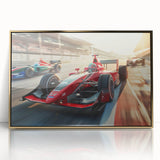 Mid-century modernist race car print in vibrant colors on a gold-framed acrylic, suitable for nursery wall art.