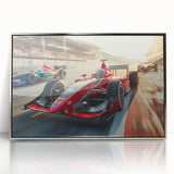 Mid-century modernist art of race cars in motion on acrylic print, using bold primary colors.