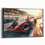 Black and white vintage poster art of race cars in motion on a framed canvas, ideal for bedroom wall decor.