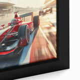 Close-up of extra large framed canvas featuring colorful race cars in motion, with black textured art background.