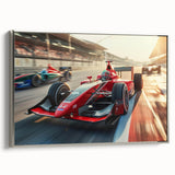 Framed canvas featuring a vintage-style race car in black with colorful detailing.