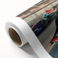 Art deco poster featuring race cars in vibrant colors on rolled canvas, ideal for nursery wall art.