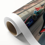 Art deco poster featuring race cars in vibrant colors on rolled canvas, ideal for nursery wall art.