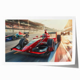 Extra large rolled print featuring a dynamic race car scene in bold primary colors, suitable for art wall dining room.