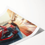 Extra large wall art featuring a vibrant race car scene on a rolled print, suitable for large living room decor.
