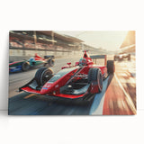 Black and white photo of race cars on a track, printed on large stretched canvas, ideal for kitchen wall art or bedroom.