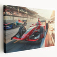 Canvas print of a side view of race cars in motion, featuring vibrant red and blue tones, ideal for kitchen wall art.