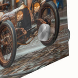 Mid-century modernist race cars in vibrant colors on a large acrylic print, ideal for dining room art.