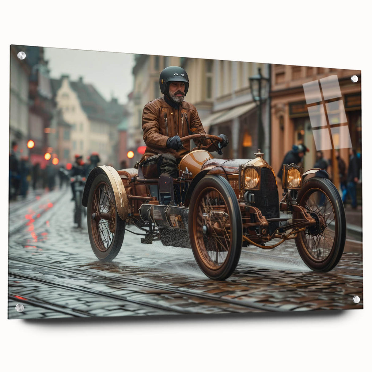 Acrylic print of race cars in motion, featuring dynamic shades of red and blue.