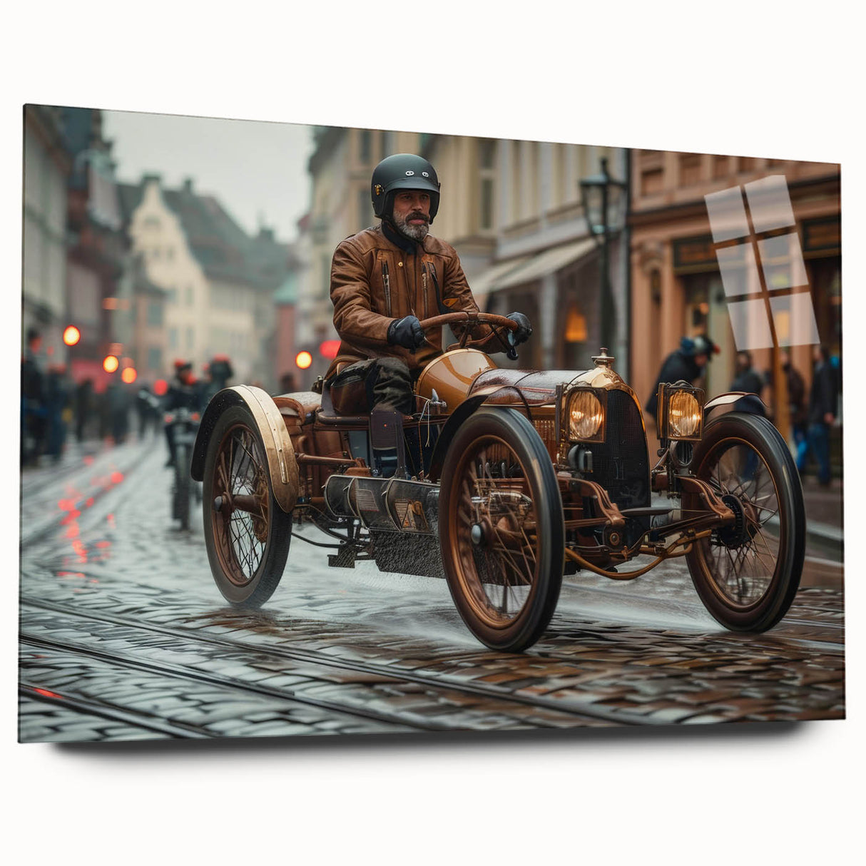 Acrylic print of race cars in motion, using a palette of grayscale, ideal for modern bedroom or dining room decor.