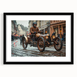 Extra large abstract art print featuring colorful, textured race cars, ideal for living room decor on a black framed canvas.