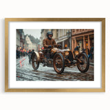 Extra large wall art featuring abstract print of race cars in vibrant colors on textured canvas, framed in gold.