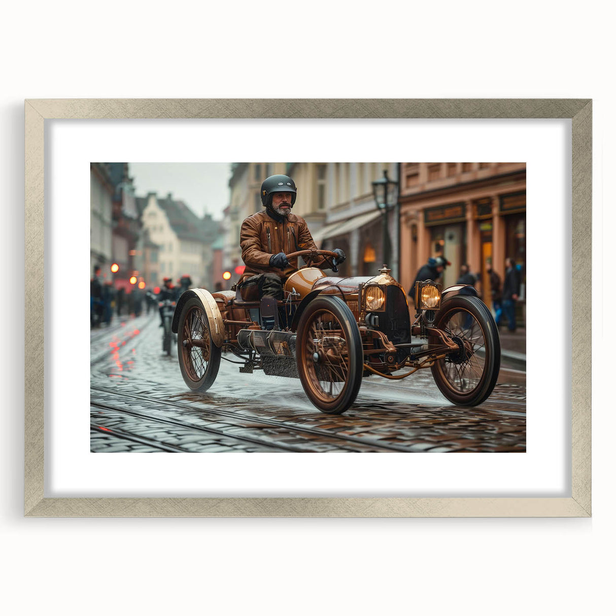 Textured art print of abstract race cars in motion, using cool gray and silver tones on a framed canvas.