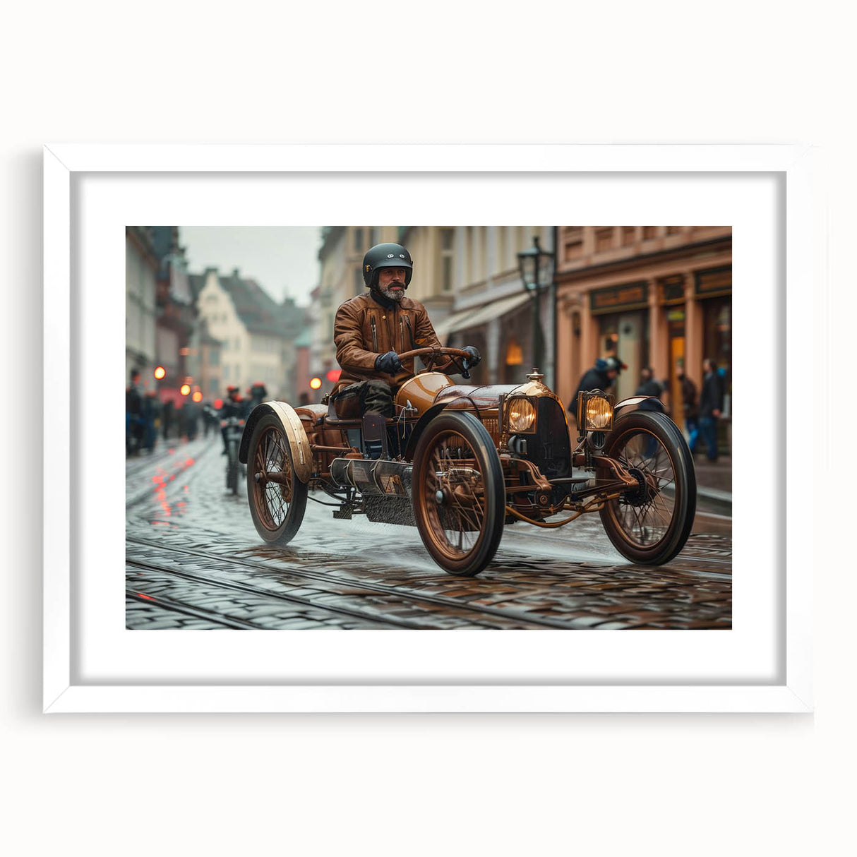 Abstract art print of race cars in motion, using blurred lines in primary colors on a white framed canvas.