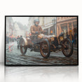 Large abstract wall art featuring a collection of race cars in dynamic motion.