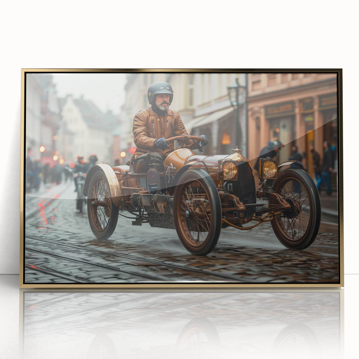Mid-century modernist race cars in vibrant colors on a large framed acrylic print, suitable for modern art wall decor.