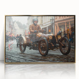 Mid-century modernist race cars in vibrant colors on a large framed acrylic print, suitable for modern art wall decor.