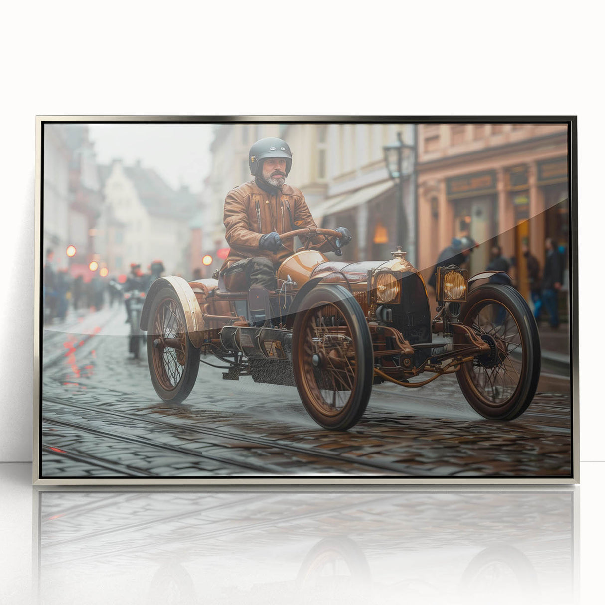 Mid-century modernist race cars in vibrant colors on a silver-framed acrylic print, suitable for nursery wall art.