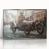 Mid-century modernist race cars in vibrant colors on a silver-framed acrylic print, suitable for nursery wall art.
