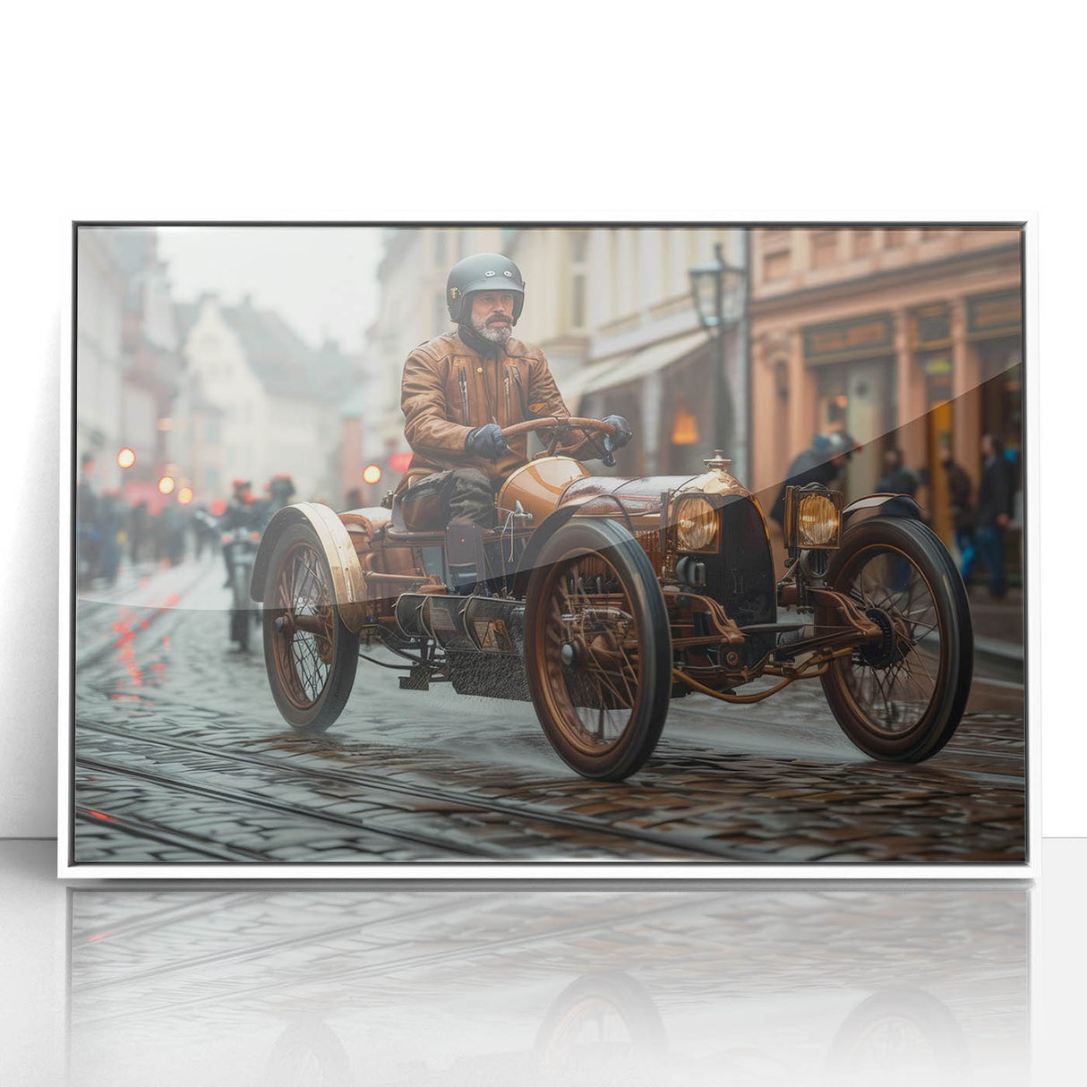 Art deco poster of race cars in motion, rendered in vibrant primary colors on a white acrylic framed print.