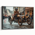 Black and white framed canvas featuring a vintage race car, ideal for bedroom wall art.