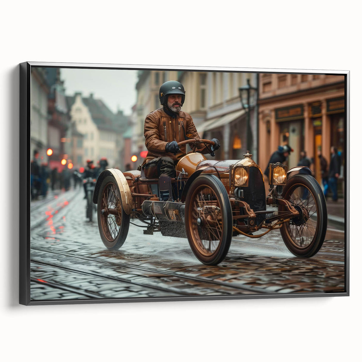 Black and white framed canvas featuring a vintage race car, ideal for bedroom wall art.