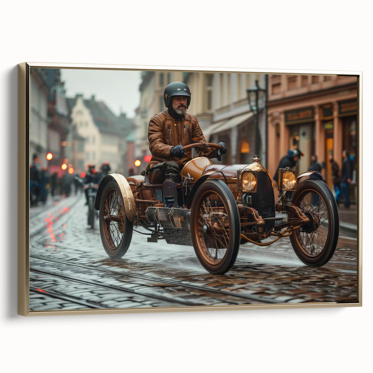 Vintage poster art of race cars in motion on a muted black and gold landscape, framed canvas, ideal for bedroom wall art.
