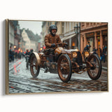 Vintage poster art of race cars in motion on a muted black and gold landscape, framed canvas, ideal for bedroom wall art.