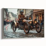 Framed canvas depicting a vintage race car in motion, using a palette of black and vibrant colors.