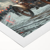 Art Deco style poster featuring race cars in motion, rendered in bright primary colors on rolled canvas.
