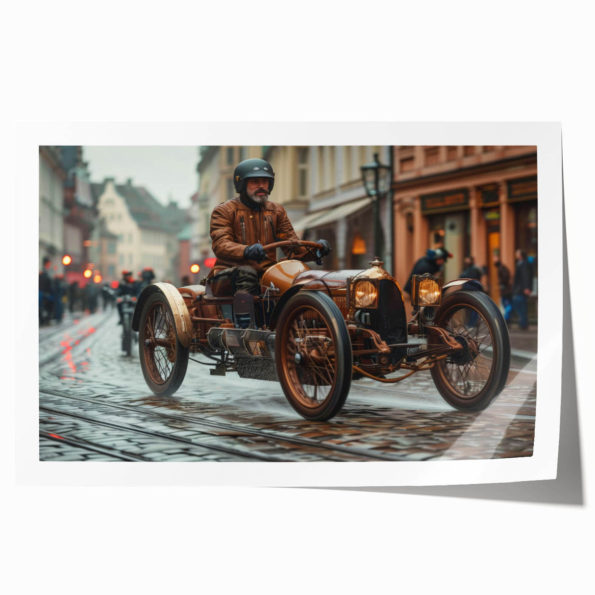 Rolled print of race cars in motion, featuring vivid red and blue tones, ideal for art wall dining room.