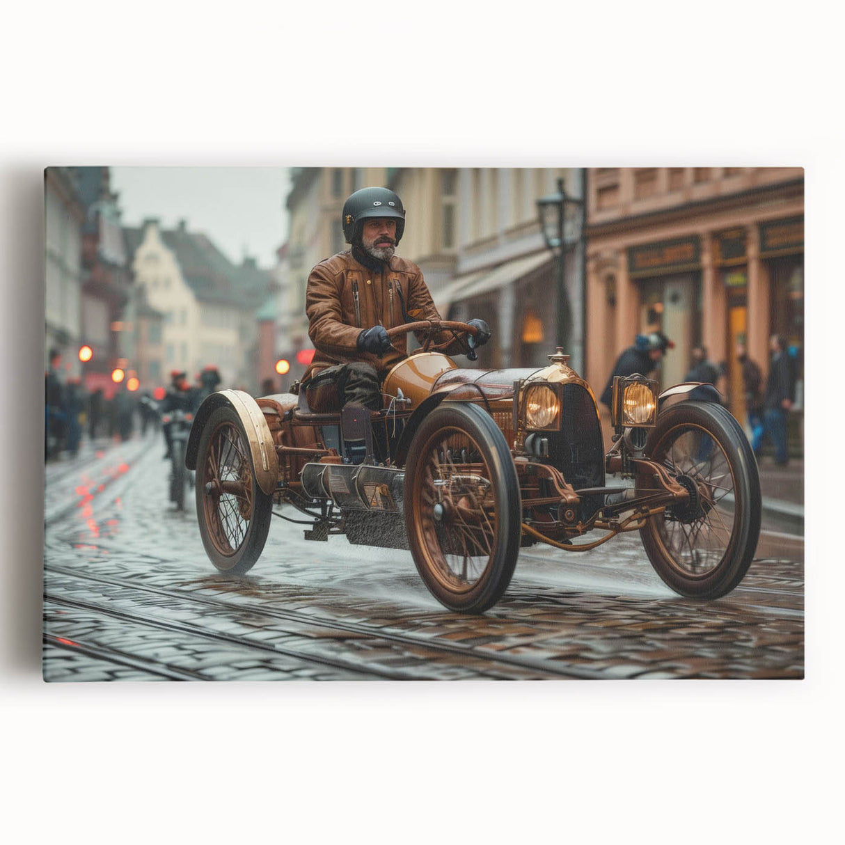 Black and white photo of race cars in motion on a stretched canvas, suitable for kitchen wall art.