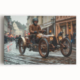 Black and white photo of race cars in motion on a stretched canvas, suitable for kitchen wall art.