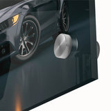 Mid-century modernist race car artwork in vibrant colors on acrylic glass, suitable for dining room art.