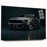 Acrylic print of race cars in motion, using bold red and blue tones, suited for bedroom or dining room art.