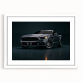 Abstract art print of race cars in motion, using vibrant red and blue tones on a white framed canvas.