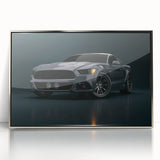 Mid-century modernist art featuring race cars in vibrant colors on a silver-framed acrylic print.