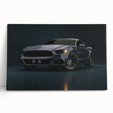 Black and white photo of race cars on a track, printed on large stretched canvas.