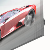 Large abstract wall art featuring a mid-century modernist design of sports cars in vibrant colors, printed on acrylic glass.