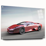 Side view of a sports car in monochrome, acrylic print, suitable for bedroom or dining room decor.