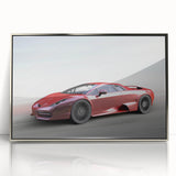Silver-framed acrylic print of a mid-century modernist sports car in muted metallic tones, ideal for modern art wall decor.