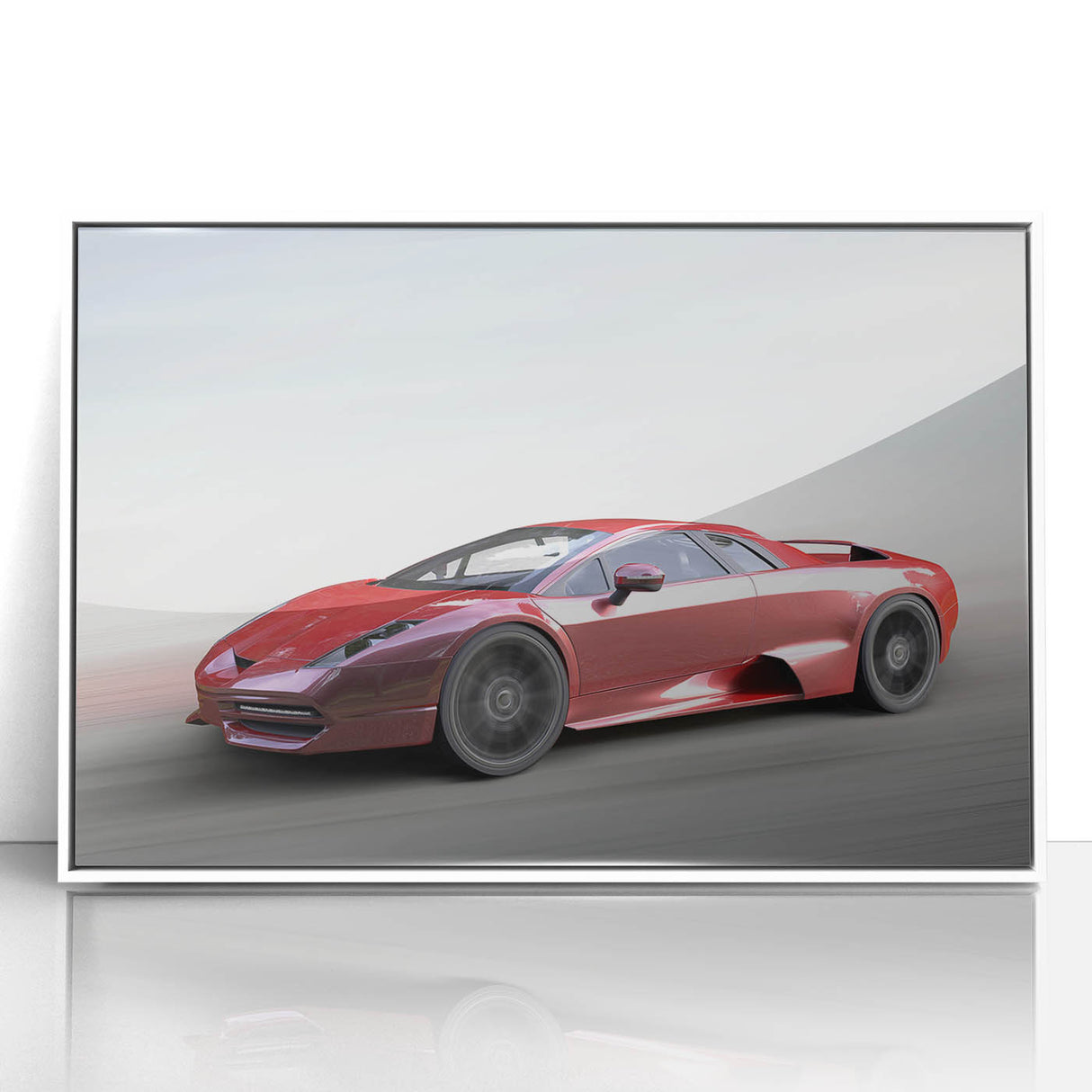 Acrylic print of a sleek sports car in grayscale, framed in white, suitable for modern art wall decor.