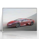 Acrylic print of a sleek sports car in grayscale, framed in white, suitable for modern art wall decor.