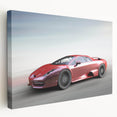 Side view of a red sports car on a stretched canvas, with a sleek design, ideal for modern kitchen wall art.