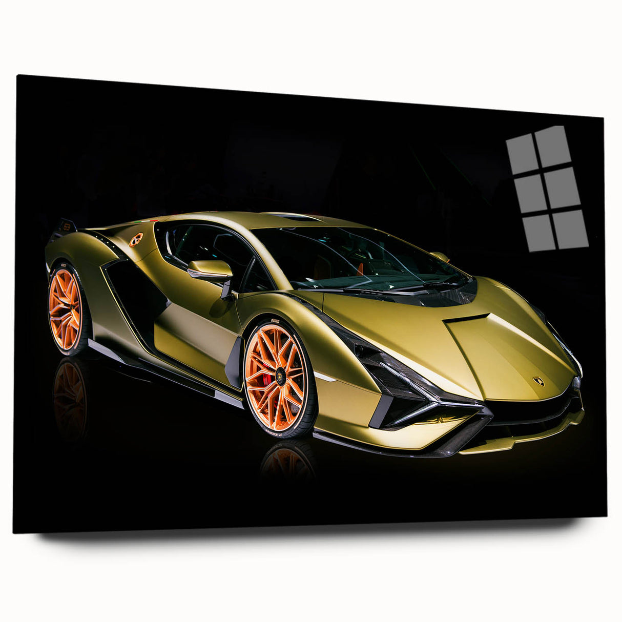 Side view of a red sports car on large acrylic glass, with vivid red and black tones.