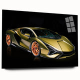 Side view of a red sports car on large acrylic glass, with vivid red and black tones.