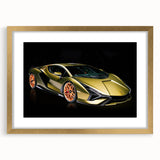 Extra large abstract art print of sport cars in textured gold frame, using vibrant colors, ideal for living room decor.