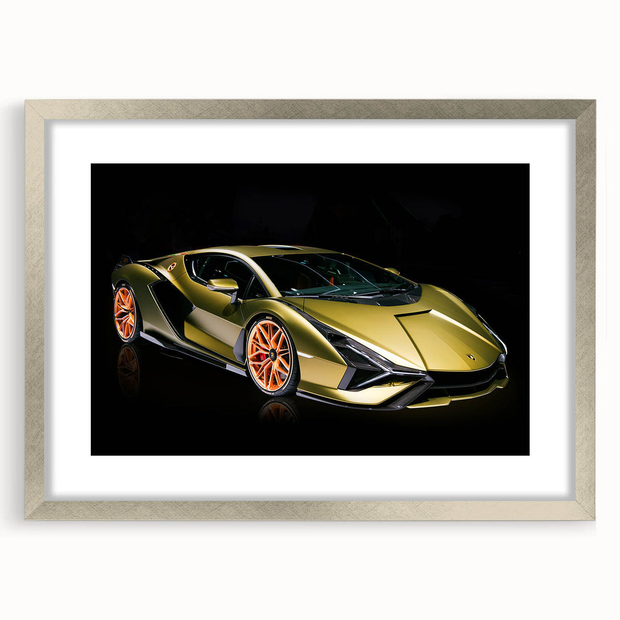 Textured abstract art print of sports cars in muted metallic tones, framed in silver, suitable for bedroom decor.