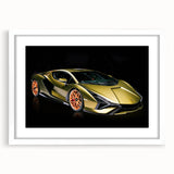 Abstract art print of a stylized sports car in vibrant red and black, acrylic print in a white frame.