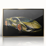 Mid-century modernist sports car in gold and black hues, framed acrylic print, suitable for modern art wall decor.